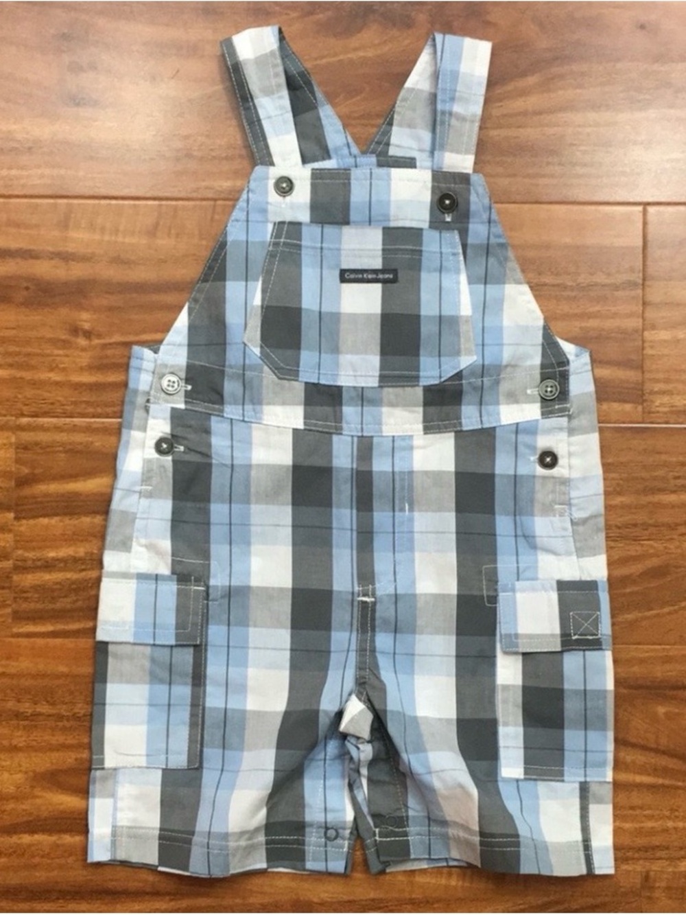NWT New Calvin Klein Jeans Baby Boy Blue Plaid Overall Shorts Size 24M Preppy